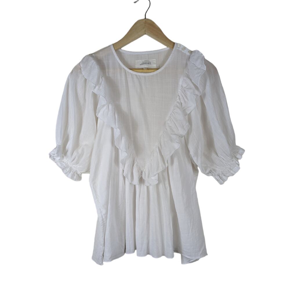 The Great Shirt Small 1 White Crew Neck Puff Sleeves Ruffle Triangle Top Blouse